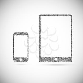 Hand-drawn electronic devices. Ssmart phone and tablet doodle drawing on white