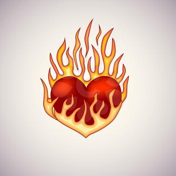 Red heart on fire. Tattoo Illustration.  Editable vector illustration.