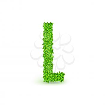 Green Leaves font. Capital letter L consisting of green leaves, vector illustration.