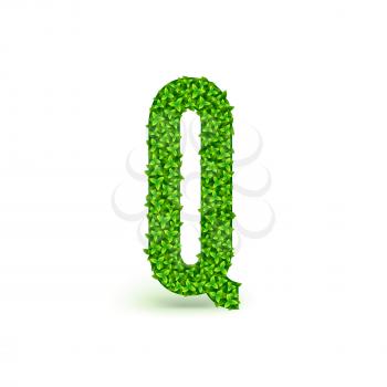 Green Leaves font. Capital letter Q consisting of green leaves, vector illustration.
