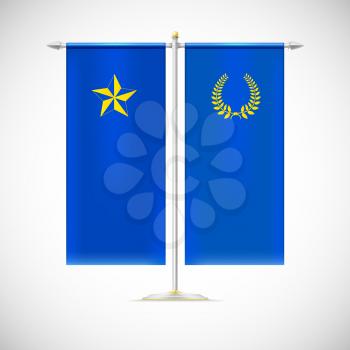 Blue vertical flag on a pole with star and Laurel wreath