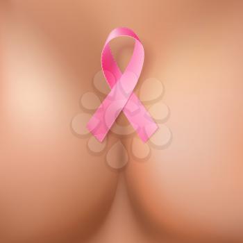 Abstract background Woman breast with a pink breast cancer awareness ribbon symbol. Vector illustration of the female breast closeup