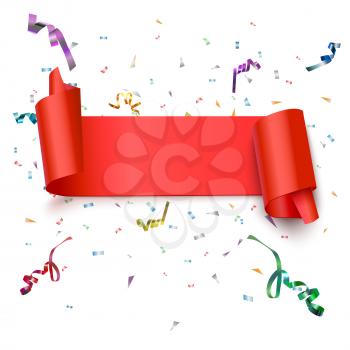 Curved, red banner with confetti isolated on white background. Vector illustration.