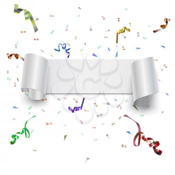 Curved, white banner  with confetti isolated on white background. Vector illustration.