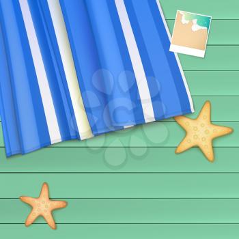 Summer background with photo, starfishes and copyspace, vector illustration