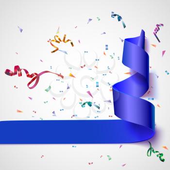 Colorful streamers with confetti. Blue curved ribbon, on celebration background with colorful confetti and ribbons. New year and xmass background