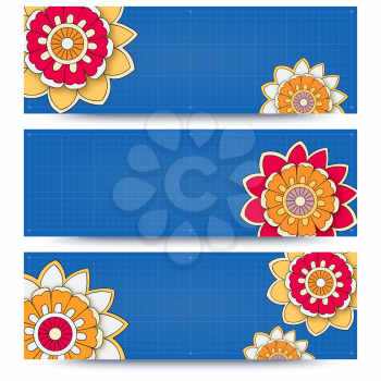 Vector banner templates set with floral summer theme doodles 