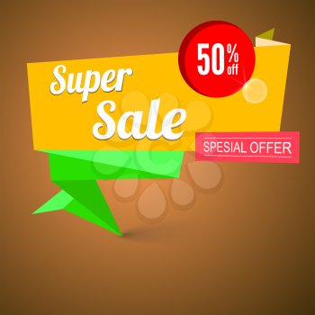 Super sale origami banner. Great background for your promotional posters, advertising shopping flyers, brochure or booklet and discount banners. Vector speech bubble