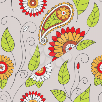 Beautiful decorative floral ornamental sketchy pattern, doodle style. All elements are not cropped and hidden under mask, place the pattern on canvas and repeat