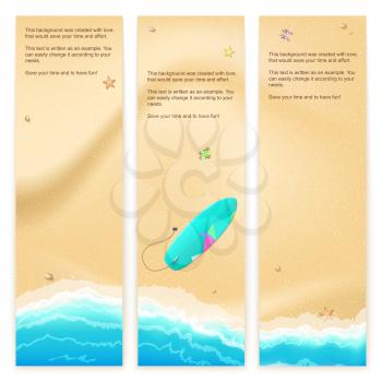 Set of vector banners with sunny sandy beach with turquoise sea tide, surfing board. Summer travel background, promotional poster for your business