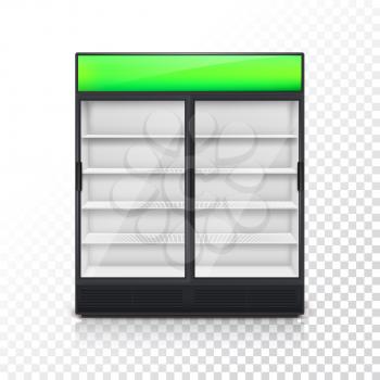 Fridge for drink with glass door and green lightbox, on a transparent background. Mock-up or template for your design and advertising message