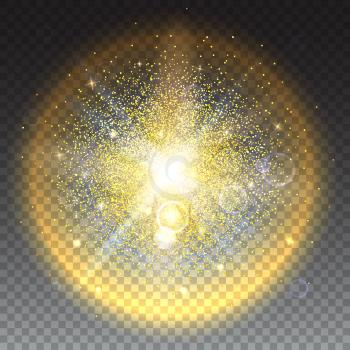 Bright glowing ball filled with particles and dust with shine and glow. The specks of light flying from the explosion on transparent background