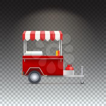 Red fast food hot dog cart. Street food market, trolley stand vendor service. Kiosk seller fast food business. Vector icon on transparent background, isolated object