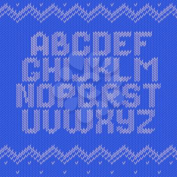 Knitted alphabet on blue background. Christmas crochet font on knitted classic ornament pattern. All the letters are on different layers, it is convenient to produce words and sentences