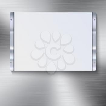 White plate with metal frame and bolts on the background of polished metal.. White banner and metal frame with reflexes. Technological background for your design