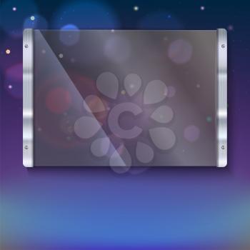 Glass plate with metal frame and bolts on the colored background. Banner of glass and metal frame with reflexes. Clear glass top festive background with blurred colored lights