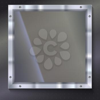 Glass plate with metal frame and bolts on the background of polished metal. Banner of glass and metal frame with reflexes. Technological background for your design