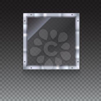 Glass plate with metal frame and bolts on transparent background. Banner of glass and metal frame with reflexes. Technological background for your design