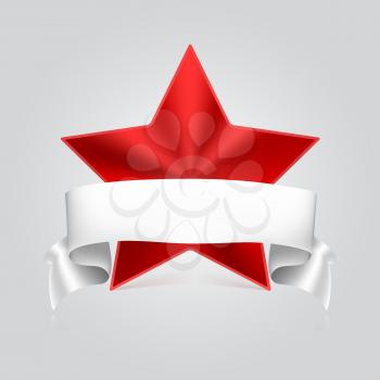 Metal red star label with white ribbon on white background, vector illustration