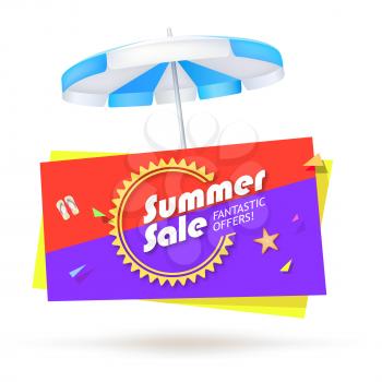 Summer sale, special offer sales banner with umbrella, slippers and starfish on bright background. Design of summer promotional poster, editable vector illustration.
