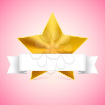 Metal yellow star label with white ribbon on colored background, vector illustration