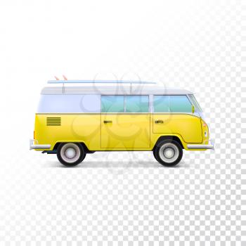 Retro travel camper van. Transportation and surfing, sport board, yellow hipsters bus.