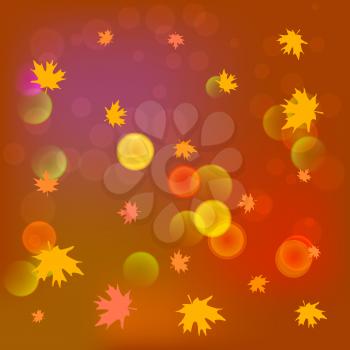 Abstract blurred background with falling yellow maple leaves, bokeh effect and glowing colored spots.