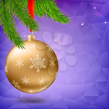 Gold Christmas ball with green fir branches on the background made of triangles. Realistic vector bright ball with snowflakes and red ribbon, editable eps 10