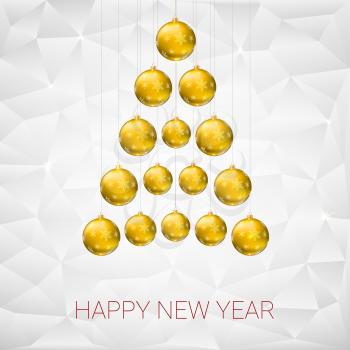Christmas tree made from yellow christmas balls against the background of flat triangles with shiny sparkles. Vector 3D illustration, template for your greeting card