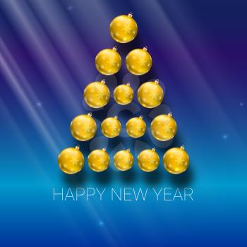 Christmas tree made from yellow christmas balls on the background of rays of light with shiny sparkles. Vector illustration, template for your greeting card