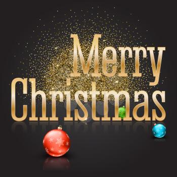 Greeting card with big golden inscription Merry Christmas and colored Christmas balls with snowflakes on the background with gold glitter and glowing. Template for your greeting cards