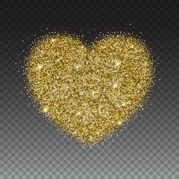Icon of Heart with gold sparkles and glitter, glow light confetti, bright sequins, sparkle tinsel, shimmer dust. Heart sign isolated on transparent background
