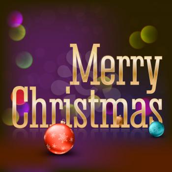 Greeting card with a big golden inscription Merry Christmas and color Christmas balls with snowflakes on a magical background with flares and glowing. Template for your greeting cards