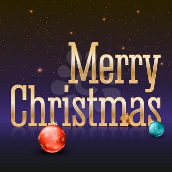 Greeting card with a big golden inscription Merry Christmas and color Christmas balls with snowflakes on a magical background with flares and glowing. Template for greeting card, Christmas invitation