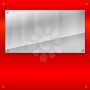 Shiny brushed metal plate with screws. Stainless steel banner on red polished background, vector illustration for you