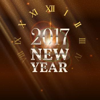 2017 New Year shining banner with clock. Festive background with patches of light, refractions and reflections of bright rays. Vector illustration, template for your greeting card