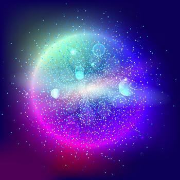 Bright glowing ball filled with particles and dust with shine and glow. The specks of light flying from the explosion
