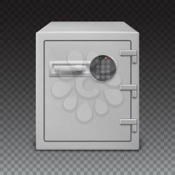 3D illustration, icon metal box on a transparent background, front view. Safe with digital lock with sophisticated details. Realistic vector image