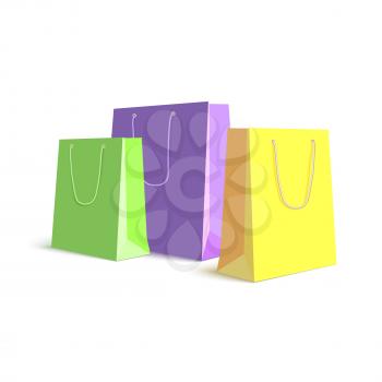 Set of paper, colored shopping bags, resizable vector illustration. Purple, green and yellow bags for shopping and gifts on white background