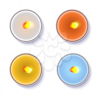 Realistic wax, flamed, round candles in a metal case isolated on white backdrop. Top view on colored burning candles. Template for invitation or greeting cards. Vector illustration.