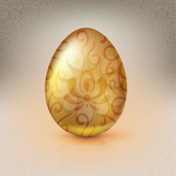 Golden egg with floral pattern. Happy Easter greeting card decorated floral elements on bright background. Template for vip banners or card, exclusive certificate, luxury voucher