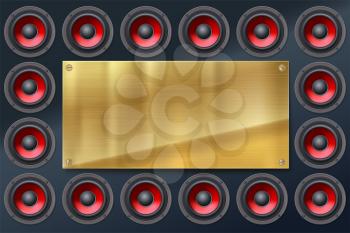 Audio speakers, subwoofers, wall of sound loudspeaker with red diffuser isolated on dark background. Metallic banner with copy space, place for your text.