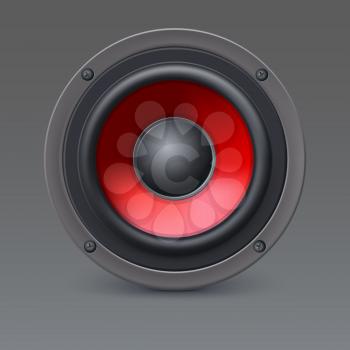 Audio loud speaker with red diffuser isolated on gray background. Vector illustration, eps10