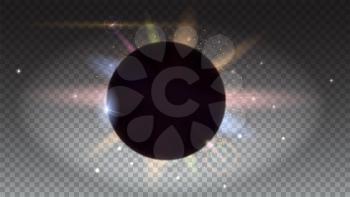 Solar eclipse, astronomical phenomenon, light rays and lens flare backdrop. Star burst with sparkles. The planet covering the Sun in eclipse. Horizontal, isolated on transparent.