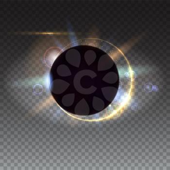 Digital Solar eclipse. Light rays and lens flare backdrop. Glow light effect. Star burst with sparkles. Abstract, bright, motion square background, isolated on transparent.