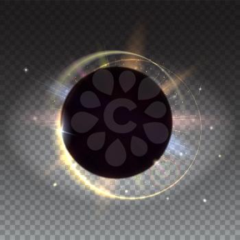 Solar eclipse, astronomical phenomenon - full sun eclipse. Circular light rays and lens flare backdrop, Abstract bright background isolated on trasparent. Isolated on transparent.