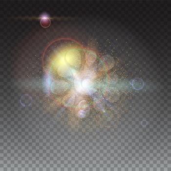 Blurred light rays and lens flare backdrop. Glow light effect. Star burst with sparkles. Abstract bright motion background. Dynamic digital, technology backdrop. Isolated on trasparent.