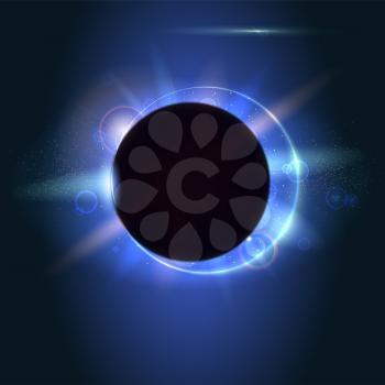 Solar eclipse, astronomical phenomenon - full sun eclipse. Blurred light rays and lens flare backdrop. Glow light effect. Star burst with sparkles. The planet covering the Sun in eclipse