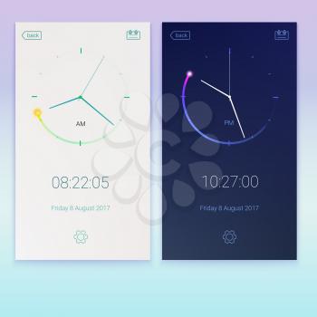 Clock application, concept of contrast UI design, day and night variants. Digital countdown app, user interface kit, mobile clock interface. UI elements, 3D illustration