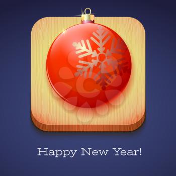 Greeting card Happy New Year. Red Christmas ball with a large snowflake on wooden background. Volumetric 3D icon with shadows and reflexes, 3D illustration.